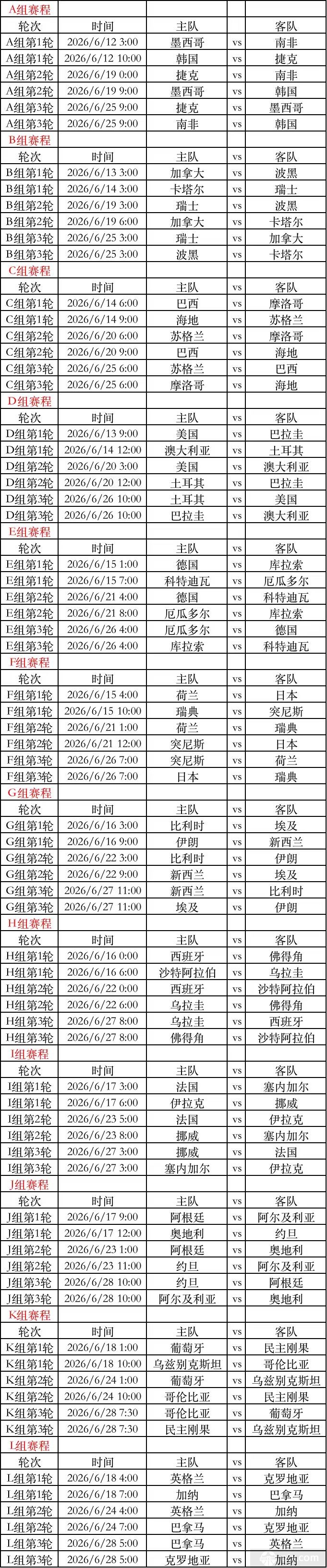 2026世界杯小组赛程表完整